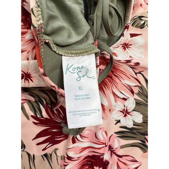 Women's Crochet Trim Plunge One Piece Swimsuit - Kona Sol Peach Floral XL - Picture 5 of 8